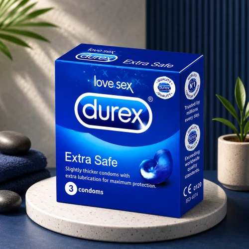 Durex Extra Safe Condom 3pcs Pack | Thick & Extra Lubricated Natural Latex Condom | Regular Fit 56mm