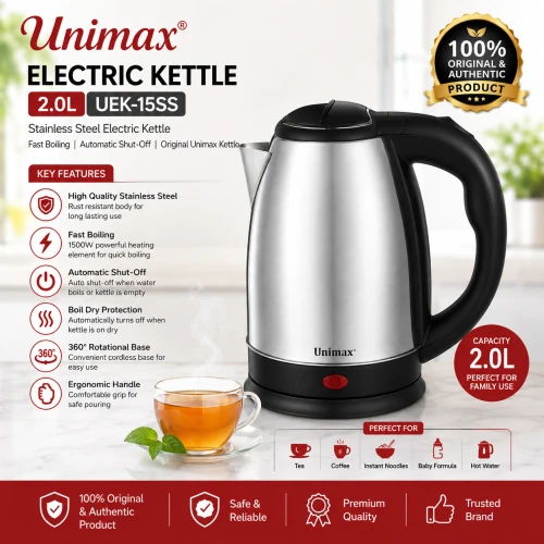 Unimax Electric Kettle 2.0L UEK-15SS | Stainless Steel Electric Kettle | Fast Boiling Water Heater | Automatic Shut-Off | Original Unimax Kettle