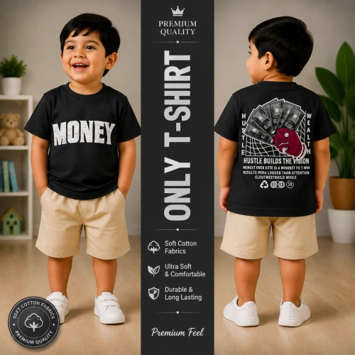 Premium Soft Cotton T-Shirt For Baby Boys (2-3 Years) | Premium Black Emboss Print Half Sleeve Kids T-Shirt