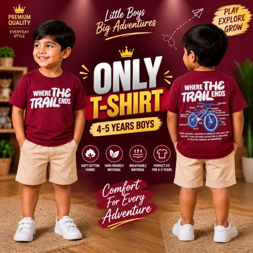 Premium Soft Cotton T-Shirt For Baby Boys (4-5 Years) | Premium Maroon Emboss Print Half Sleeve Kids T-Shirt