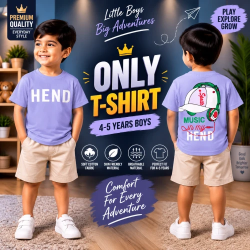Premium Soft Cotton T-Shirt For Baby Boys (4-5 Years) | Premium Light Purple Emboss Print Half Sleeve Kids T-Shirt
