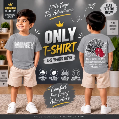 Premium Soft Cotton T-Shirt For Baby Boys (4-5 Years) | Premium Grey Emboss Print Half Sleeve Kids T-Shirt