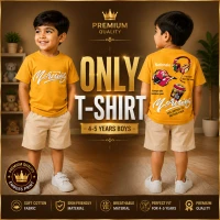 Premium Soft Cotton T-Shirt For Baby Boys (4-5 Years) | Premium Mustard Gold Emboss Print Half Sleeve Kids T-Shirt